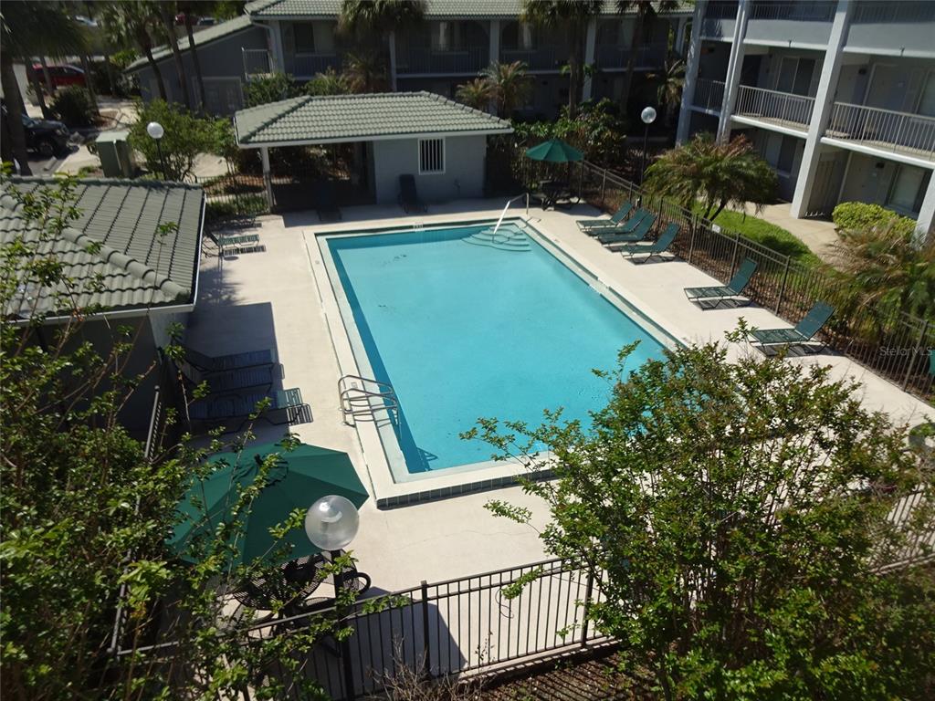 An elevated view of a rectangular swimming pool surrounded by lounge chairs and a building — 123 BLUE POINT WAY UNIT 100, ALTAMONTE SPRINGS, FL