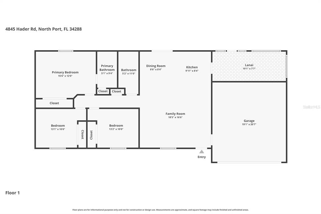 This is a floor plan for a single-story residential home with a garage and lanai — 4845 HADER ROAD, NORTH PORT, FL