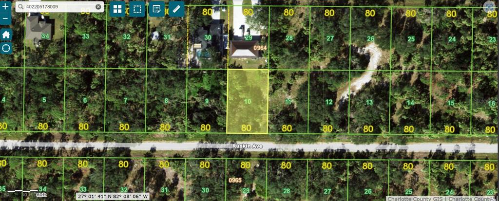 This map shows a highlighted rectangular land parcel labeled 10 situated along Ruskin Ave — 19136 RUSKIN AVENUE, PORT CHARLOTTE, FL
