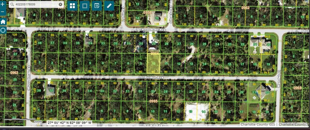 This is a satellite map showing residential land parcels and street layouts in a neighborhood — 19136 RUSKIN AVENUE, PORT CHARLOTTE, FL