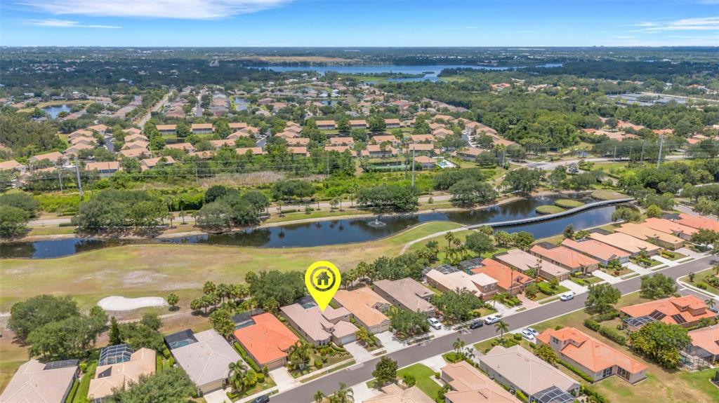 An aerial view shows a residential neighborhood with a house marked by a yellow icon — 6348 ROOKERY CIRCLE, BRADENTON, FL