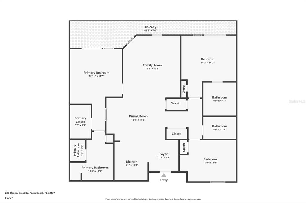 This is a floor plan for a residential unit featuring three bedrooms and a balcony — 200 OCEAN CREST DRIVE UNIT 906, PALM COAST, FL