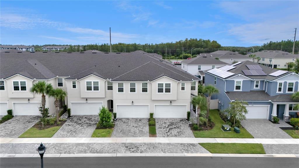 An aerial view shows a row of townhouses with gray roofs and paved driveways — 19431 MONARCH WIND WAY, LUTZ, FL