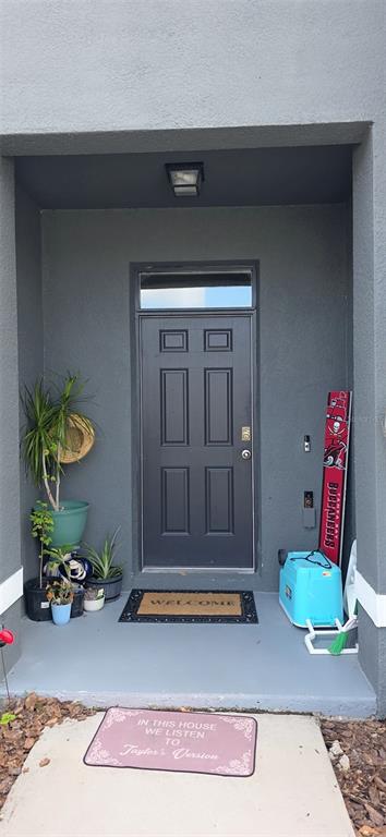 A front entryway features a dark gray door, a welcome mat, and potted plants — 32926 KALOKO ROAD, WESLEY CHAPEL, FL