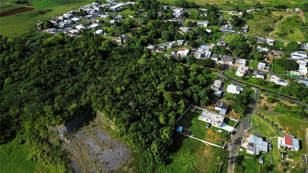 An aerial view shows a residential neighborhood with houses surrounded by dense green forest — Calle Brillante ARSENALES BAJOS, ISABELA, PR