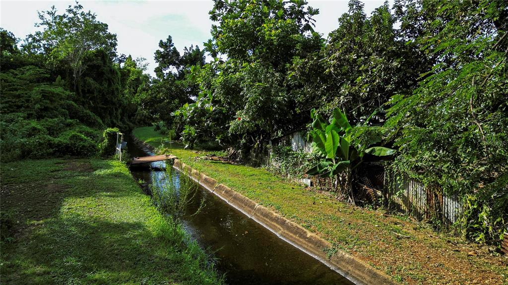 A narrow concrete drainage canal runs through a grassy yard lined with trees and vegetation — Calle Brillante ARSENALES BAJOS, ISABELA, PR