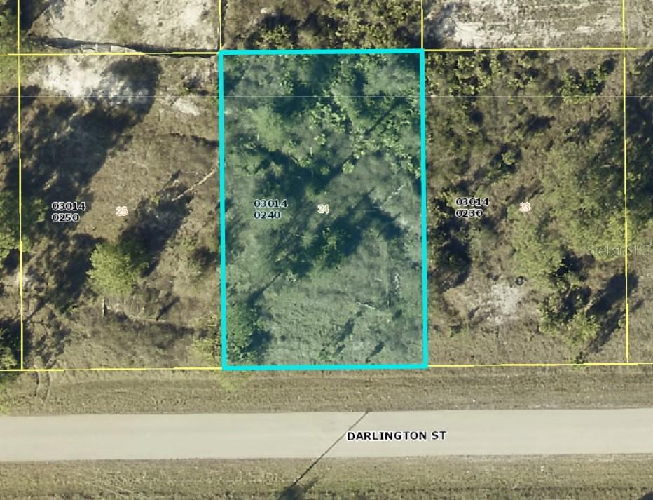 This is an aerial map showing a rectangular plot of land bordering Darlington Street — 1035 DARLINGTON STREET, LEHIGH ACRES, FL
