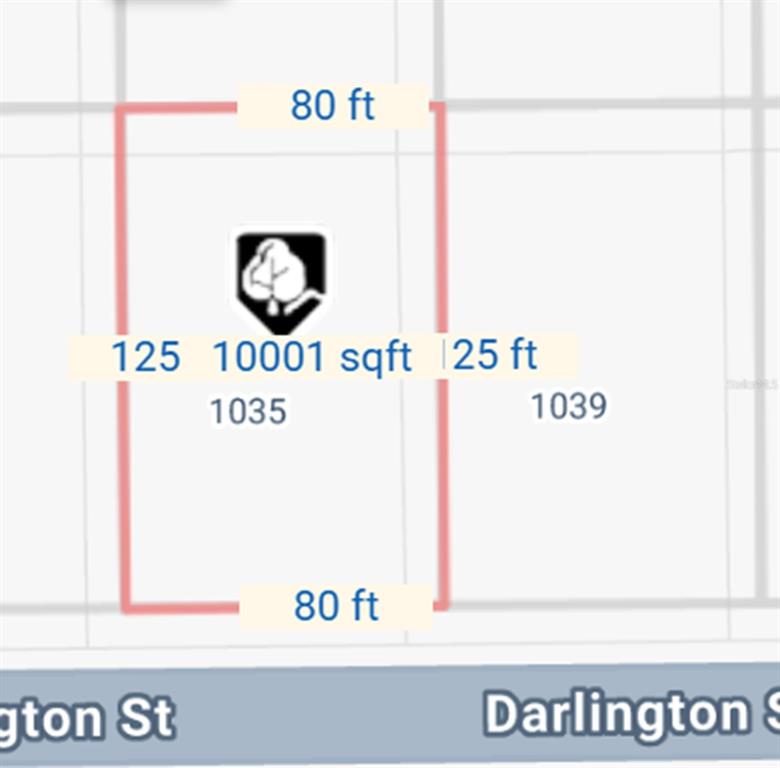 This map shows a rectangular lot measuring 80 feet by 125 feet, totaling 10,001 square feet — 1035 DARLINGTON STREET, LEHIGH ACRES, FL