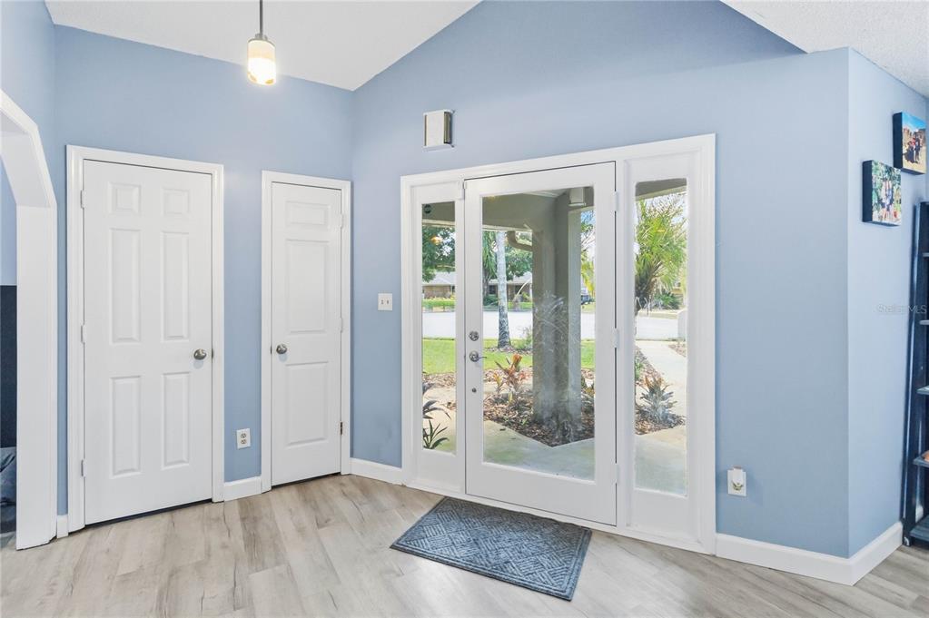 An entryway with light blue walls, wood-look flooring, two white doors, and a glass-paneled door — 176 TIM TAM COURT, LAKE MARY, FL