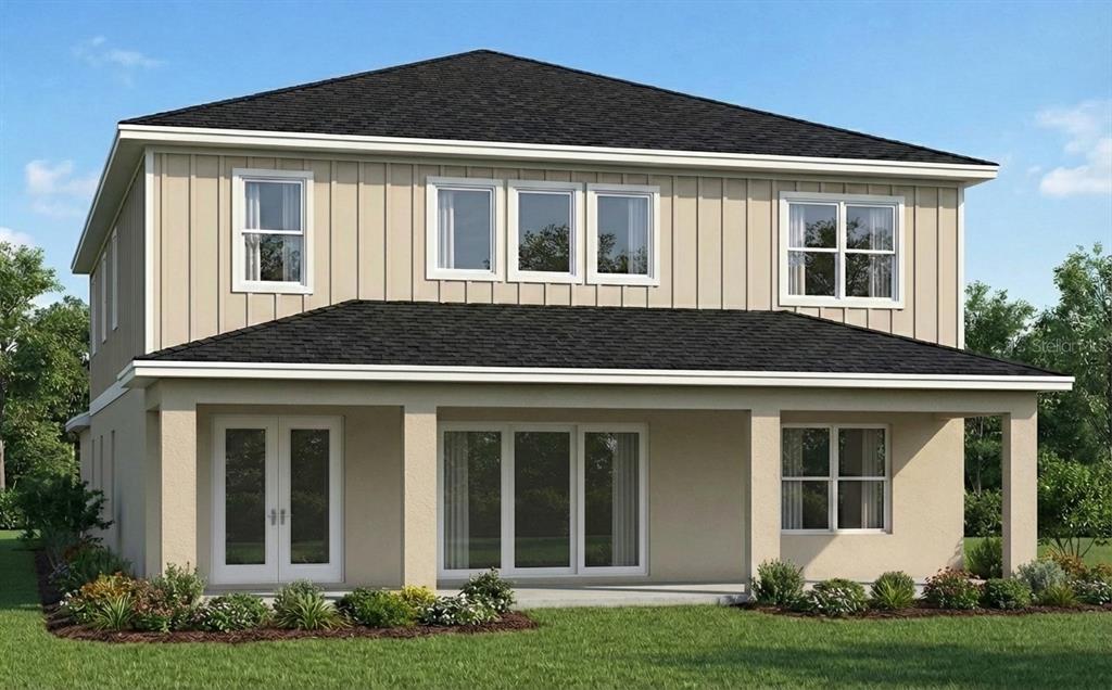 A digital rendering of the rear exterior of a two-story house with a covered patio — 1905 PERSHING AVENUE, ORLANDO, FL