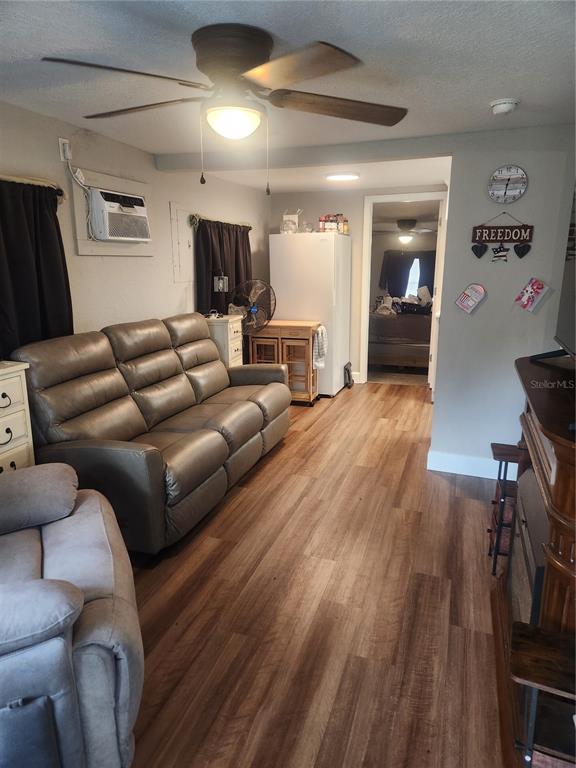 A living room features wood-look flooring, a leather sofa, a ceiling fan, and a window unit — 2429 LAKEVIEW STREET, LAKELAND, FL
