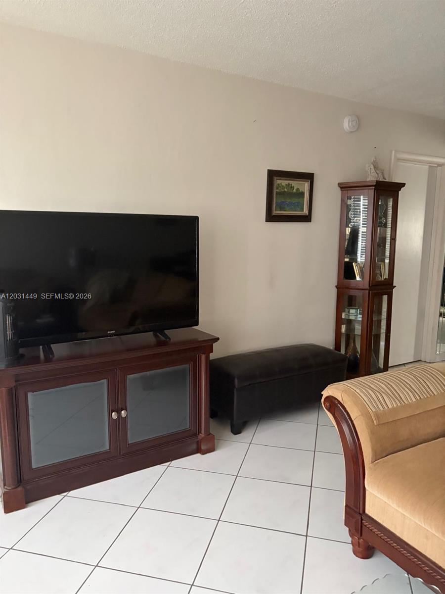 A living room features a television on a wooden stand, a storage ottoman, and a display cabinet — 215 SE 3rd Ave # 403A, Hallandale Beach FL 33009, HALLANDALE BEACH, FL