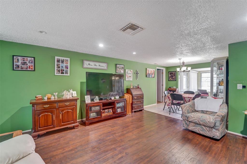 A living room with green walls, wood-look flooring, a television console, and a dining area — 10800 LOS SANTOS DRIVE, PORT RICHEY, FL
