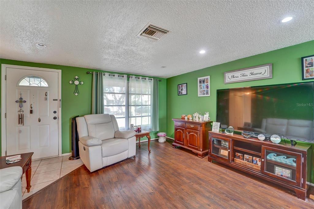 A living room features green walls, wood-look flooring, a white recliner, and a large television — 10800 LOS SANTOS DRIVE, PORT RICHEY, FL
