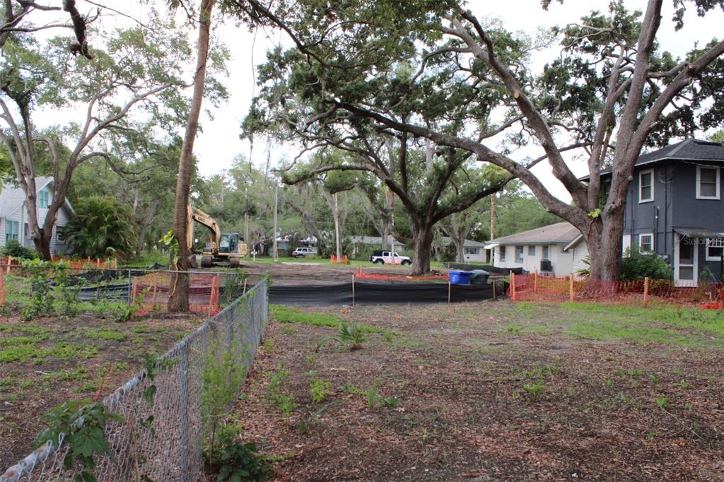 A vacant, grassy residential lot features several large oak trees and surrounding houses — 308 PRESIDENT STREET, DUNEDIN, FL