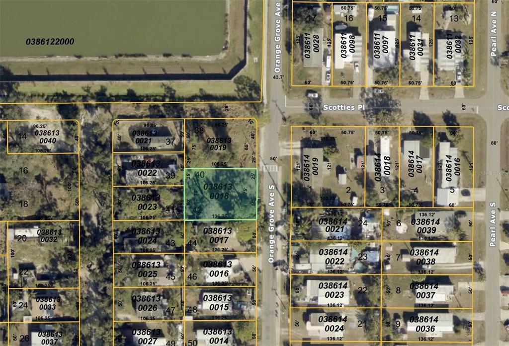 This is an aerial map showing property parcel boundaries and lot numbers in a neighborhood — 0 ORANGE GROVE S, NOKOMIS, FL