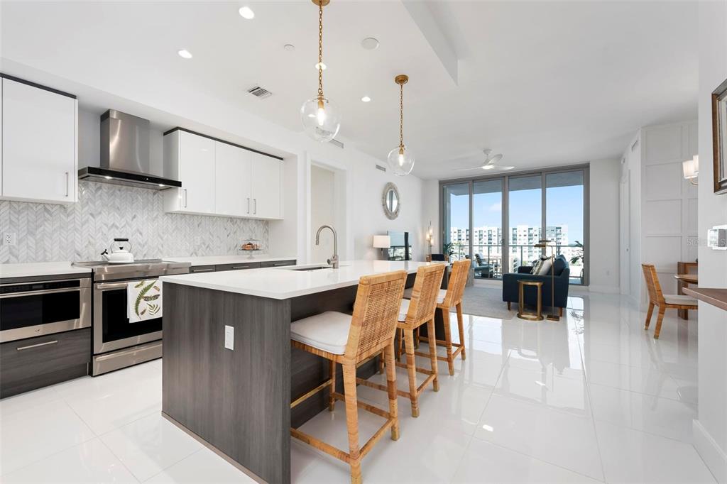 A modern kitchen with a dark wood island, white cabinets, and bar stools faces a balcony — 111 S PINEAPPLE AVENUE UNIT 719, SARASOTA, FL