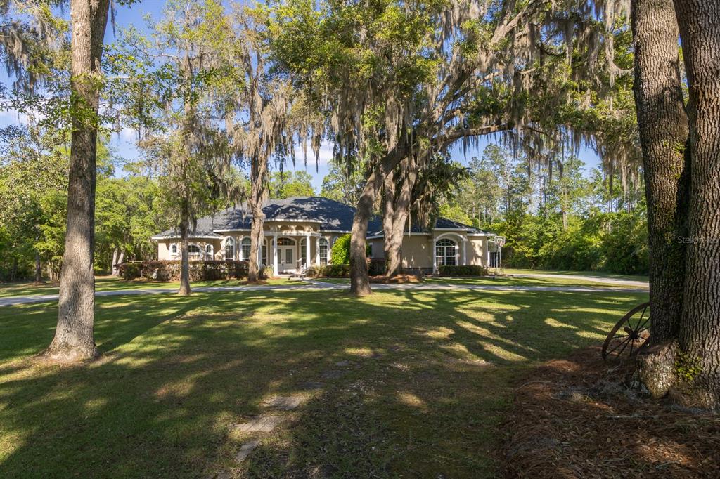 A single-story house with a circular driveway sits among large trees draped in Spanish moss — 163 NW AMBER COURT, LAKE CITY, FL