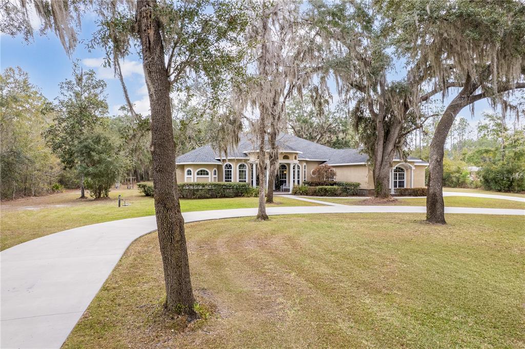 A single-story house with a curved driveway sits on a grassy lot with large trees — 163 NW AMBER COURT, LAKE CITY, FL