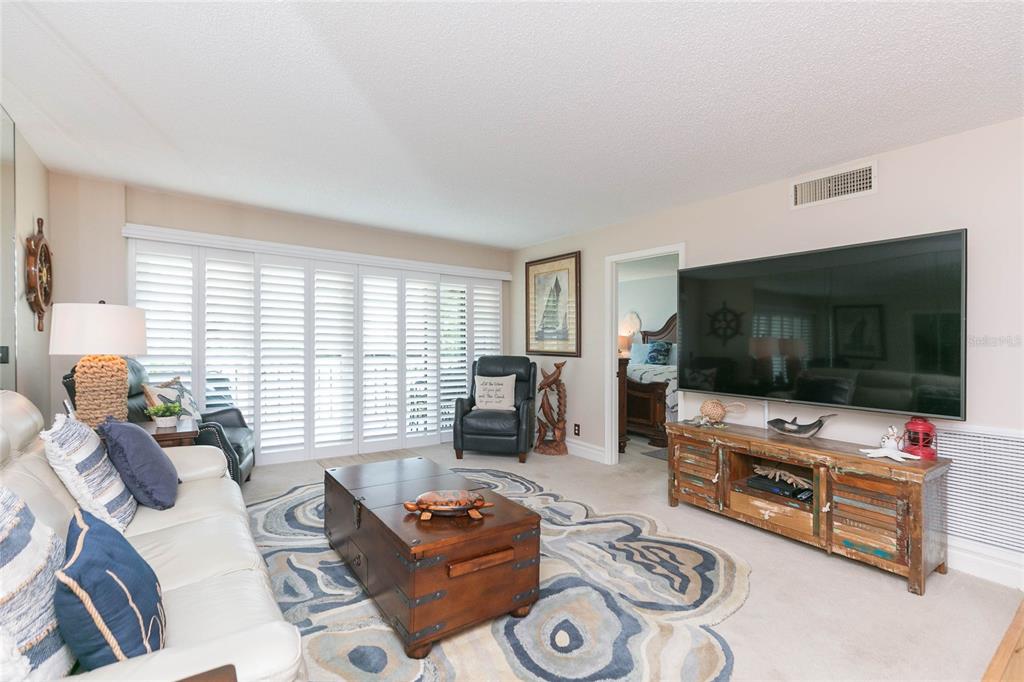 A living room features a white sofa, a wooden coffee table, and a large wall-mounted television — 5510 PUERTA DEL SOL BOULEVARD S UNIT 232, ST PETERSBURG, FL