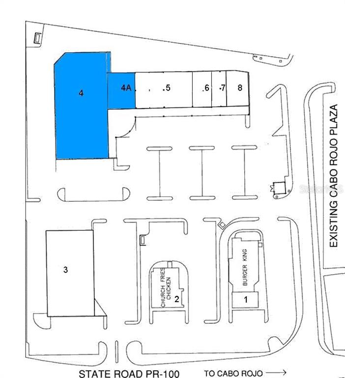 This is a site plan showing a commercial plaza layout with multiple buildings and parking — 100 PR-100 KM 6.8, CABO ROJO, PR