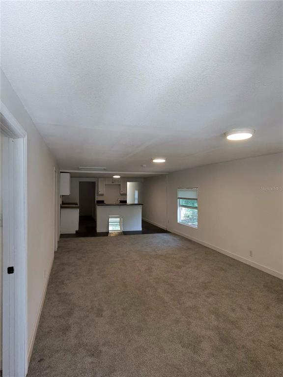 A carpeted living room leads to an open kitchen with a breakfast bar — 411 W 7TH STREET, LAKELAND, FL
