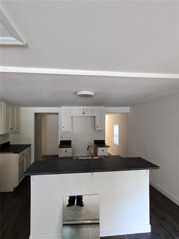 A kitchen features white cabinets, a dark countertop island, and dark wood-look flooring — 411 W 7TH STREET, LAKELAND, FL