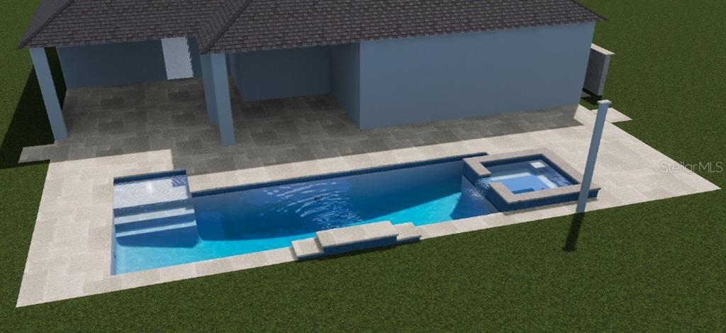 This is a 3D rendering of a backyard featuring a rectangular swimming pool and attached spa — 11805 BLISSBY STREET, VENICE, FL