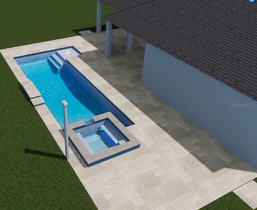 This is a 3D rendering of a rectangular swimming pool with an attached spa and patio — 11805 BLISSBY STREET, VENICE, FL