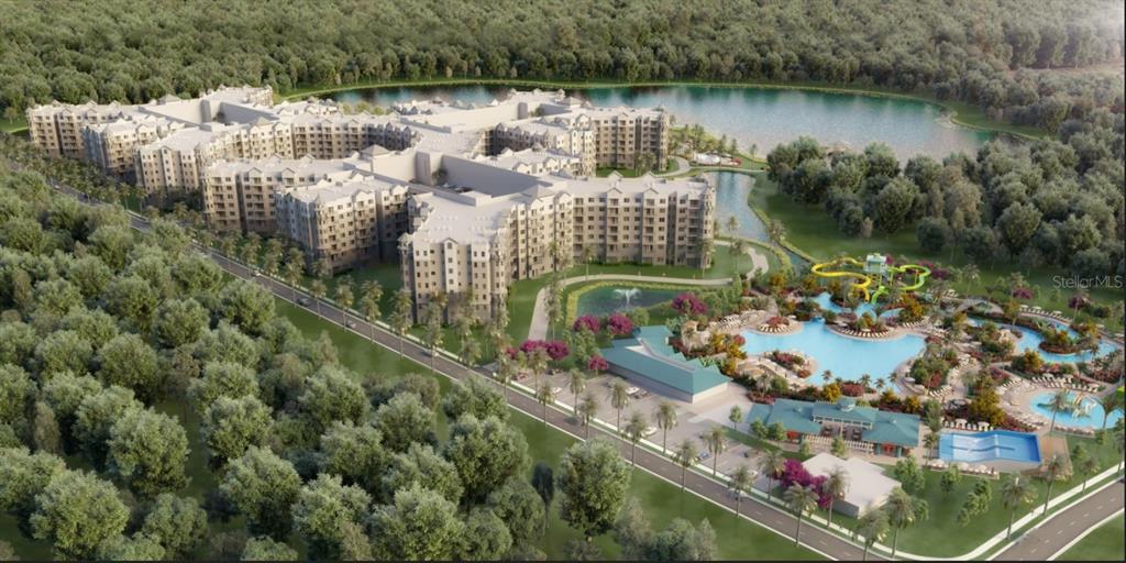 This is a rendering of a large apartment complex featuring a pool and water park — 14501 GROVE RESORT AVENUE UNIT 3109, WINTER GARDEN, FL