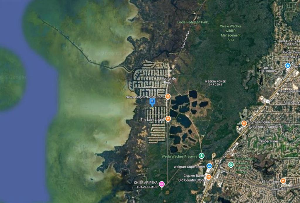 This is a satellite map view of the Hernando Beach area in Florida — 3451 CRAPE MYRTLE DRIVE, HERNANDO BEACH, FL