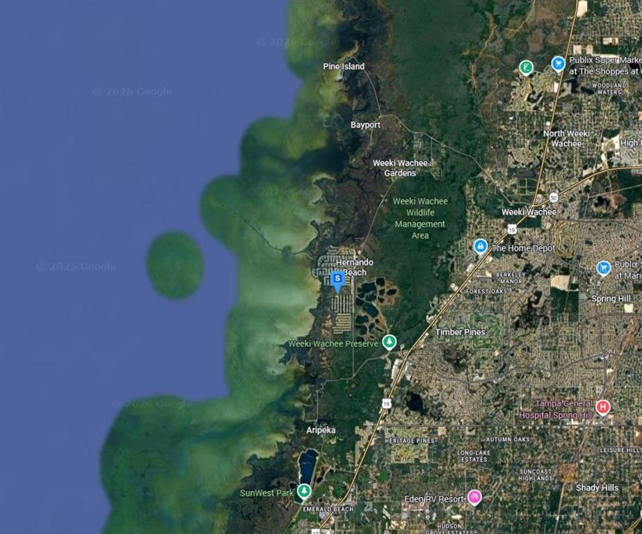 This is a satellite map showing the coastal area of Hernando Beach and Spring Hill, Florida — 3451 CRAPE MYRTLE DRIVE, HERNANDO BEACH, FL