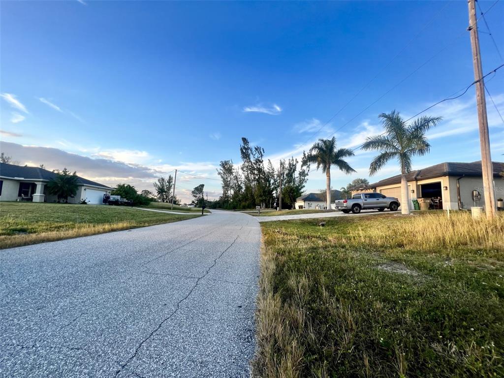 A paved street leads past two suburban houses with palm trees under a blue sky — 1213 NW 20TH PLACE, CAPE CORAL, FL