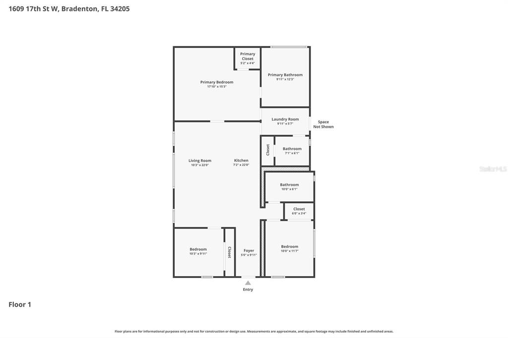 This is a floor plan of a single-story house with three bedrooms and three bathrooms — 1609 17TH STREET W, BRADENTON, FL