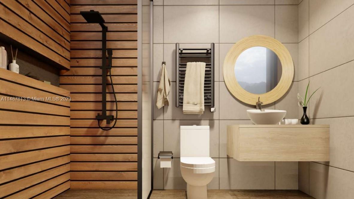 This is a rendering of a modern bathroom featuring wood-slat walls and a floating vanity — 2223 Salome Urena # 201, DR, DR