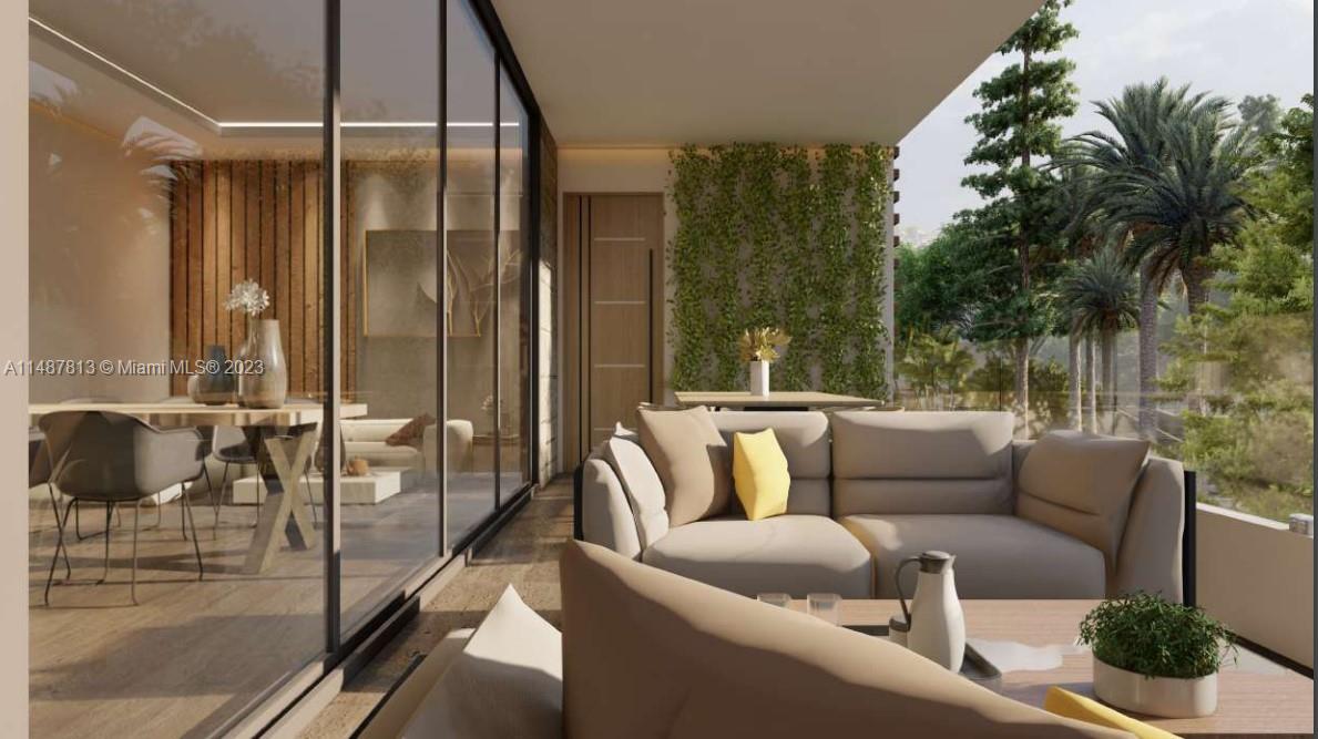 This rendering shows a modern balcony with outdoor seating, a glass wall, and lush greenery — 2223 Salome Urena # 201, DR, DR
