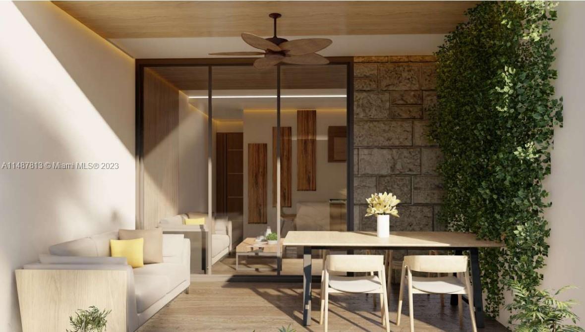 This is a rendering of a modern outdoor patio featuring a dining area and sofa — 2223 Salome Urena # 201, DR, DR