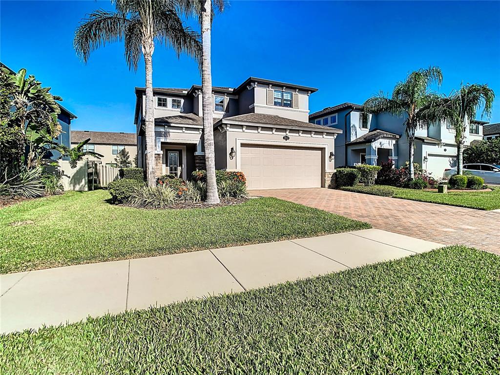 A two-story suburban house features a tan stucco exterior, a paved driveway, and palm trees — 1953 NATURE VIEW DRIVE, LUTZ, FL