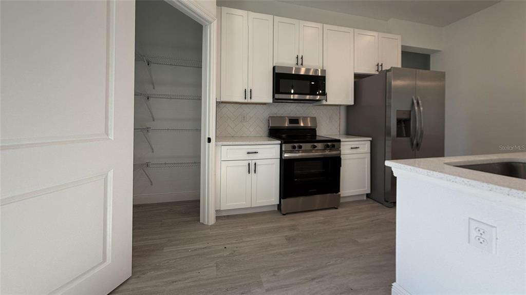 A kitchen features white cabinets, stainless steel appliances, a pantry, and light wood-look flooring — 6575 N GRAYTON TERRACE, CITRUS SPRINGS, FL