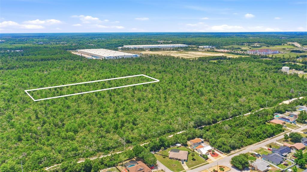An aerial view shows a rectangular white outline marking a plot of land amidst forest — MCBRIDE AVENUE, DELTONA, FL