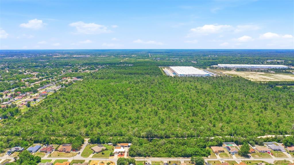 An aerial view shows a large, wooded plot of land marked by red and white lines — MCBRIDE AVENUE, DELTONA, FL