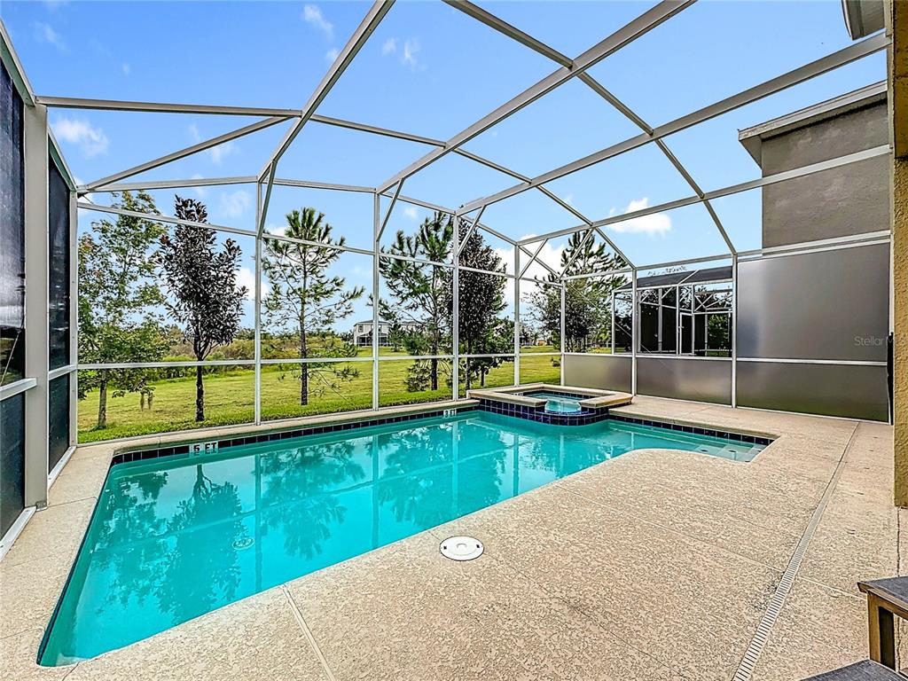 A screened-in swimming pool and attached hot tub sit on a concrete patio — 791 DROP SHOT DRIVE, DAVENPORT, FL