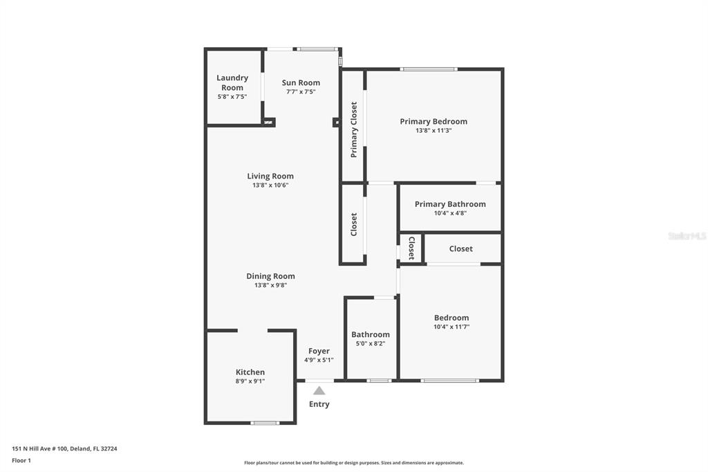 This is a floor plan for a residential unit with two bedrooms and two bathrooms — 151 N HILL AVENUE UNIT 100, DELAND, FL