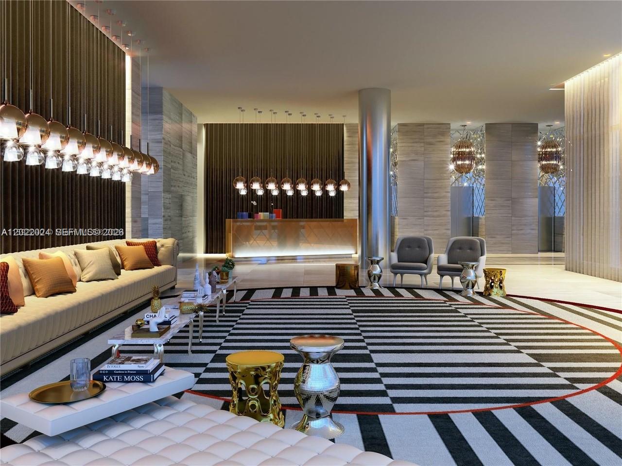 This is a rendering of a modern hotel lobby featuring a striped rug and seating — 2000 Metropica Way # 2202, Sunrise FL 33323, SUNRISE, FL