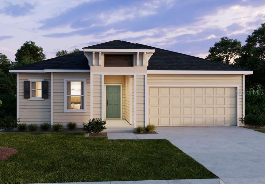 A digital rendering of a single-story house with beige siding, a teal door, and a garage — 17219 NW 173RD DRIVE, ALACHUA, FL