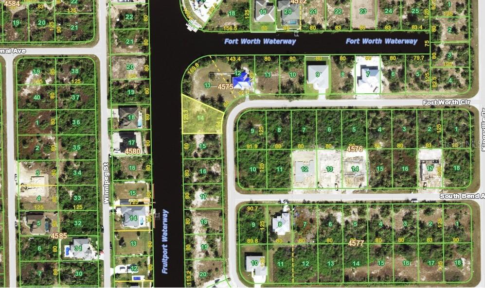 This is a satellite map showing residential lots and waterways in a suburban neighborhood — 14230 FORT WORTH CIRCLE, PORT CHARLOTTE, FL