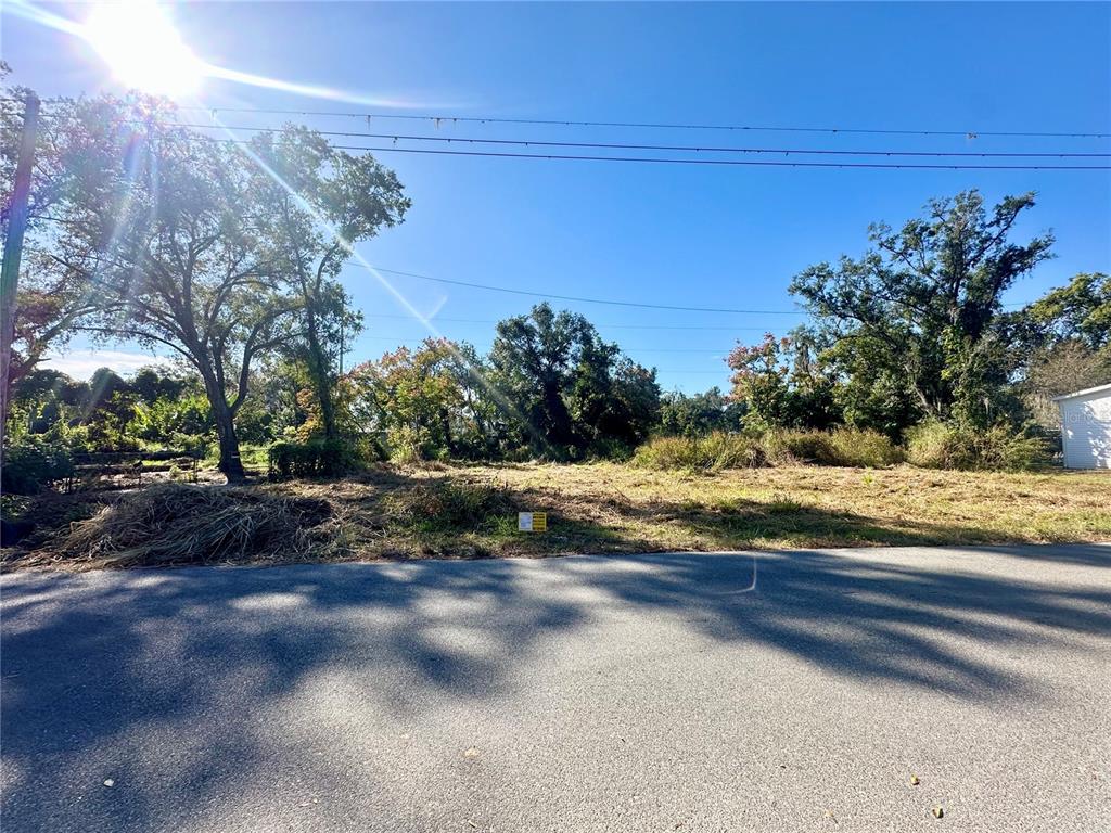 A vacant, grassy lot with scattered trees is viewed from an adjacent paved road — 916 NASHVILLE ROAD, LAKELAND, FL