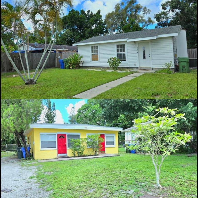 Two separate images show the exteriors of two different single-story houses with front lawns — 720 22ND AVENUE W, BRADENTON, FL