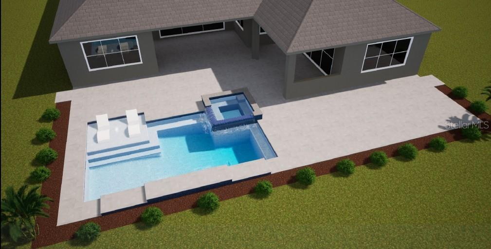 This is a 3D rendering of a house exterior featuring a pool and attached spa — 17844 SIGNATURE PLACE, BRADENTON, FL
