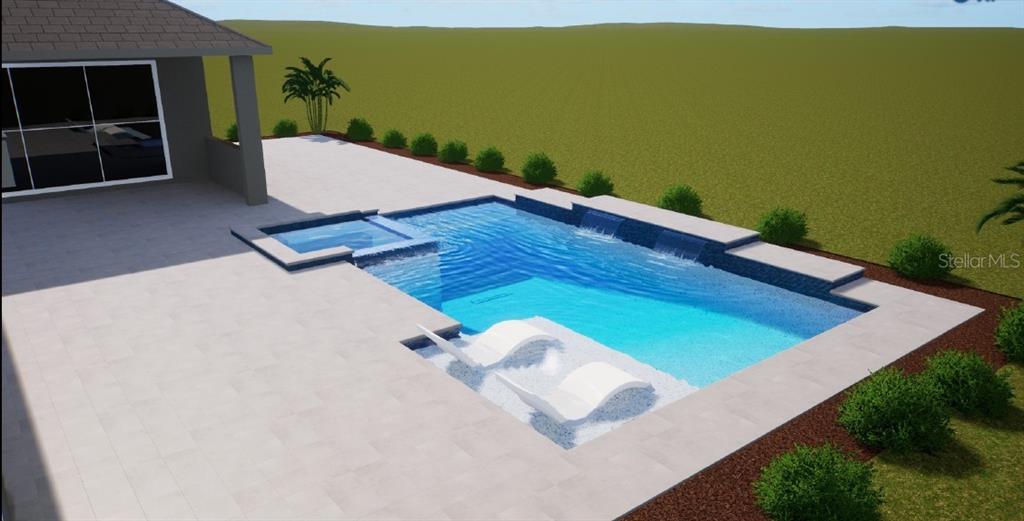 A digital rendering shows a backyard swimming pool with a spa and tanning ledge — 17844 SIGNATURE PLACE, BRADENTON, FL